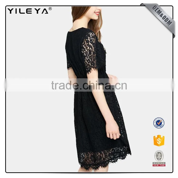 Women casual crochet black elegant floral and lace dress designs,ladies new model dress & ladies fashion lace patchwork dresses