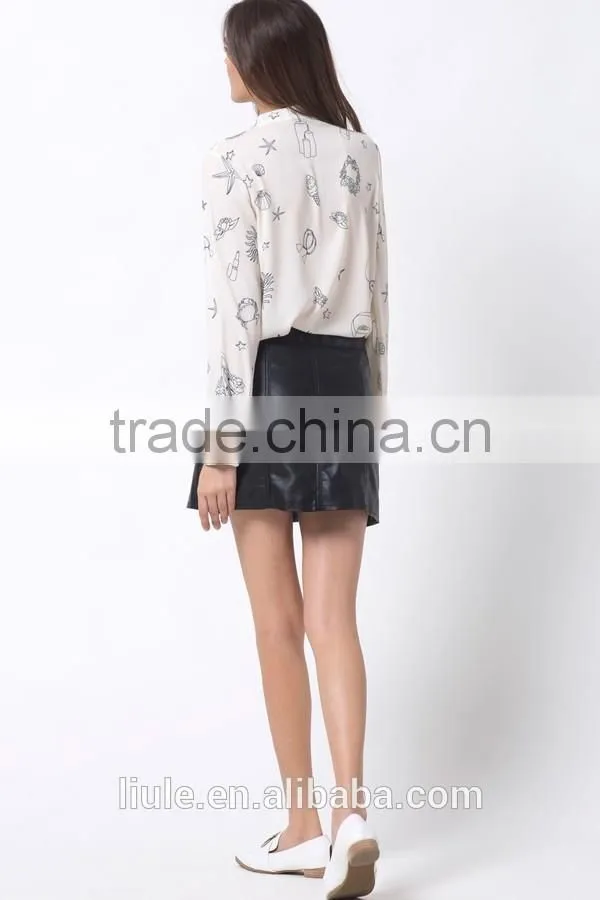 New design women white printed bow decor long sleeve chiffon blouse