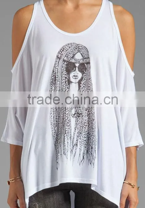 printed open shoulder t shirt