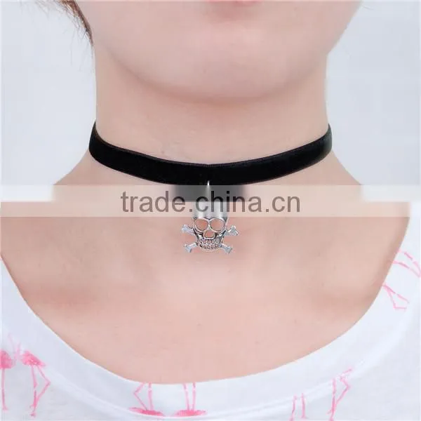 Custom Antique Silver Black Skull Velveteen Halloween Choker Necklace