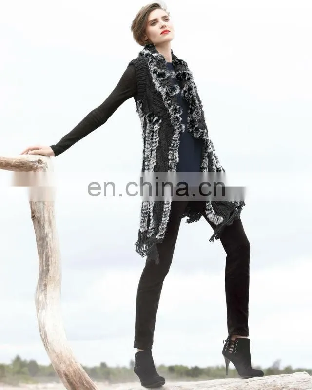 beautiful rex rabbit fur long knitted vest /dyed black&whitebeautiful rex rabbit fur long knitted vest /dyed black&white