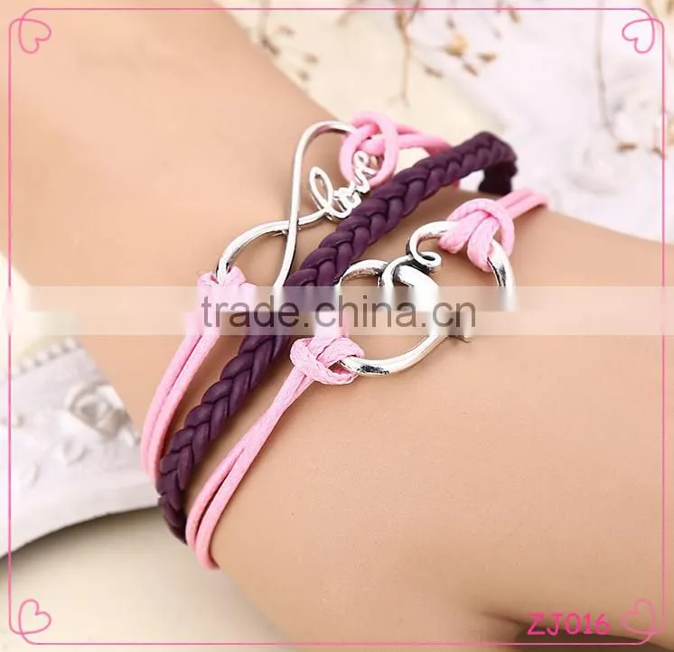 Wholesale Handmade Layers Leather Double Heart Charming Bracelet Weave Women Jewelry