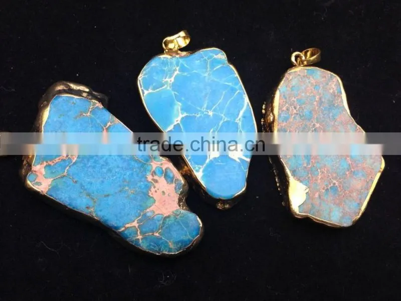 Pakistan Natural Imperial Jasper Gold Plated Edged Jasper Slice Pendant
