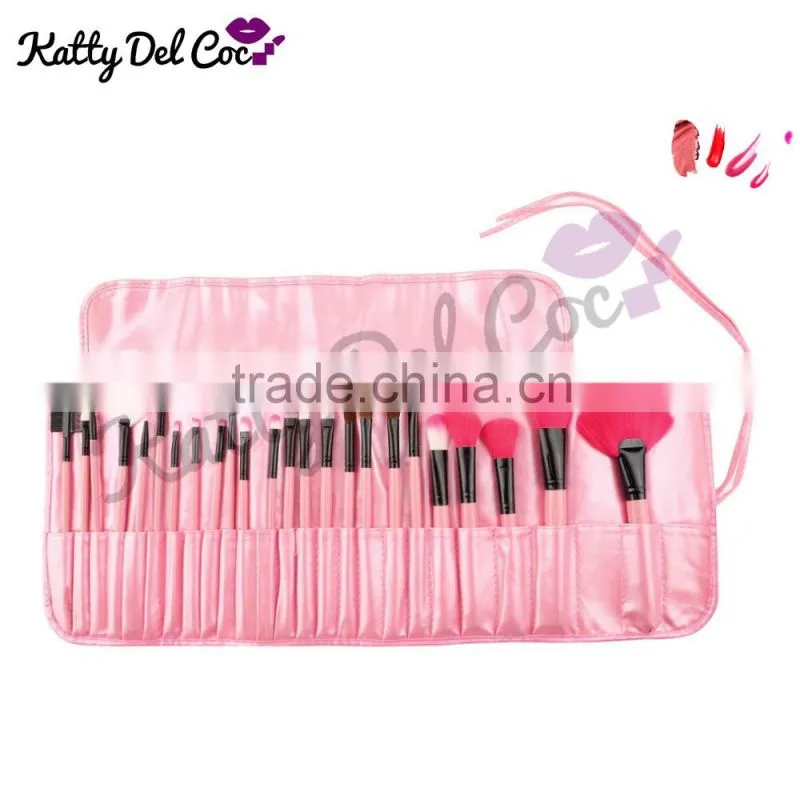 Best quality Pink 24pcs natural hair Pony professional makeup brush set with PU bag