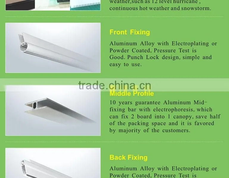 New arrival 1.5M assembled PC polycarbonate Metal Aluminum awning celling brackets for porch and window
