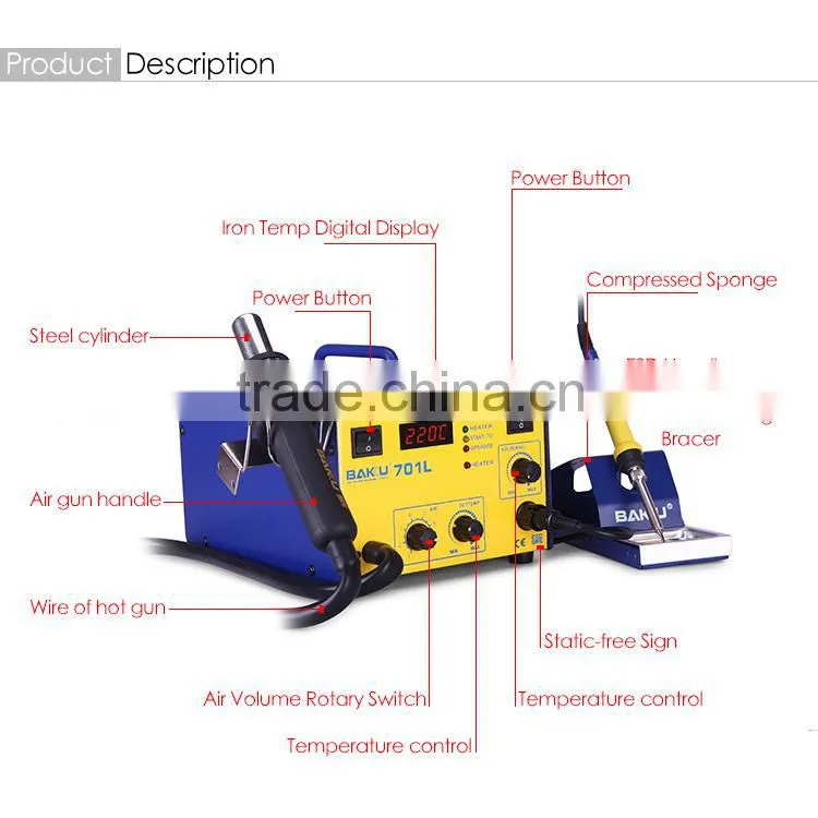 2 in 1 BAKU New Design BK701L Lead-free hot air desoldering SMD Rework Station