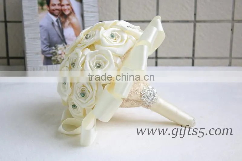 White handmade satin rose wedding bouquet with crystal