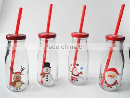 christmas use glass cow milk drinking bottles with red lid and straw