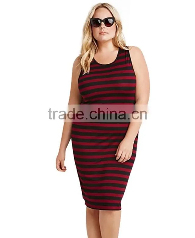 Women plus size spoon neck sleeveless tight cotton knit stripe tank dress