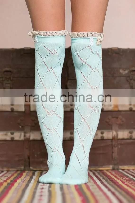 Women Socks Knitted Boot Cuffs Button Leg Warmers Crochet Lace Trim