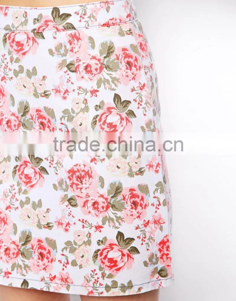 hot selling floral print A-line wholesale women denim skirts
