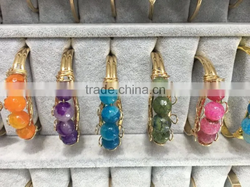 2016 New Arrival Gold Plated Drusy Agate Wire Bangle Many-sided Agate Beads Bangle