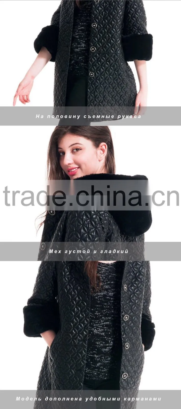 Winter Women Medium Length Embroidered Coat With Detachable Beaver Rabbit Skin Hat Overcoat