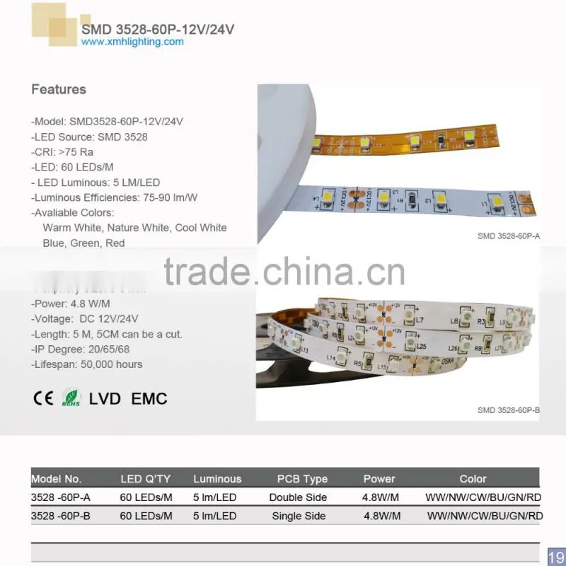 DC 12V/24V SMD 3528 60LEDs/M 4.8 watt per meter white PCB with CE/RoHS/LVD 3528 led strip