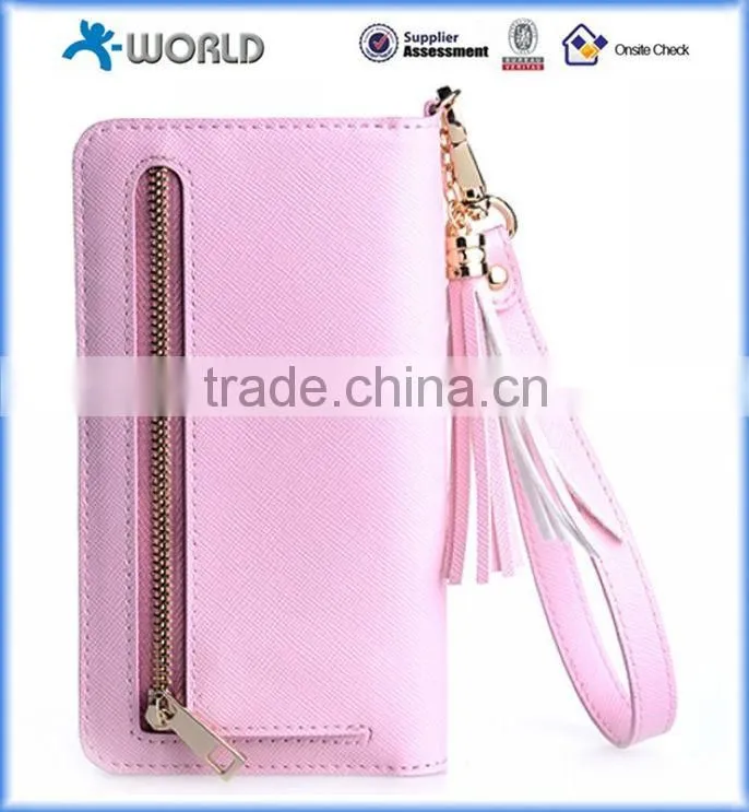 Cute Zipper Leather Wallet Case For iPhone 6S with wrist strap