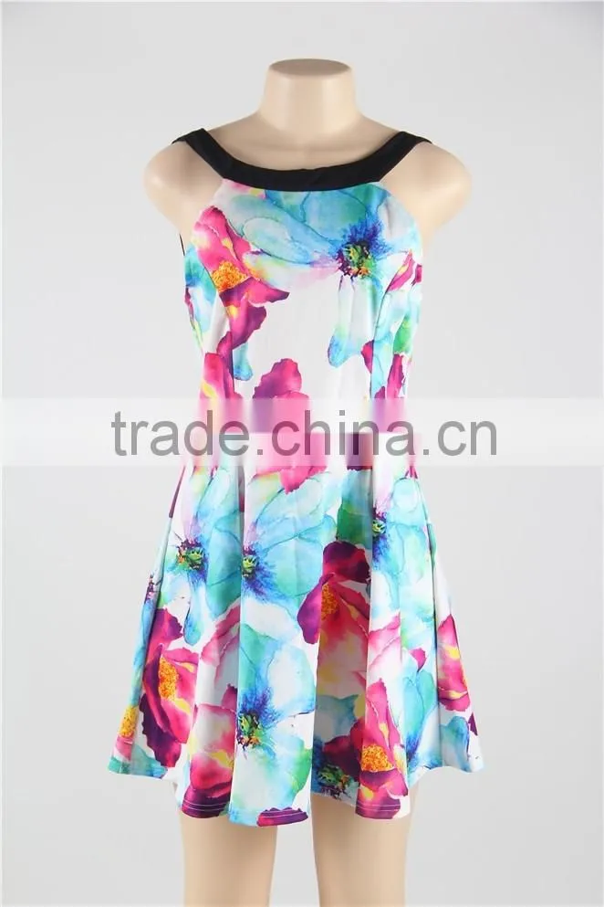 2016 Latest fashion halter neck women casual one piece dress in floral print