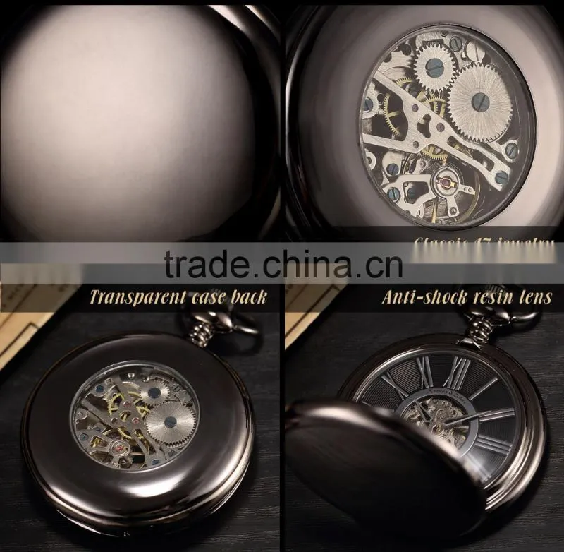 KS Antique Black Skeleton Dial Analog Hand Wind Men FOB Mechanical Pocket Watch
