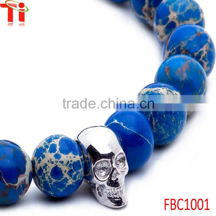 2016 new products stretchy blue bead mens skull bracelet