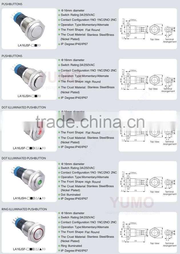 Hot sale LA16JSF ROHS 16mm flat round with ring LED IP65 pin terminal 3A/250VAC push button switch push button music boxes