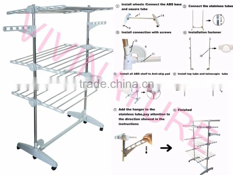 2017 hot sale portable clothes drying rack with 3 layers and 6 wheels design for adjustable bar