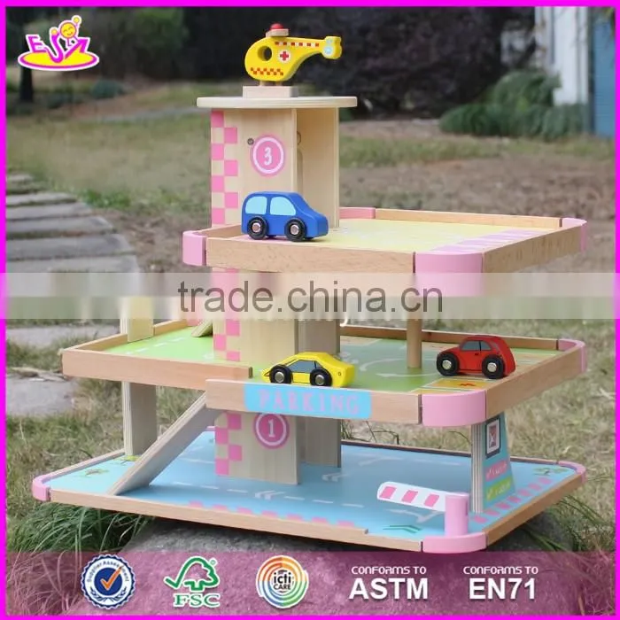2017 new products lovely pink children wooden toy garage for cars W04B050