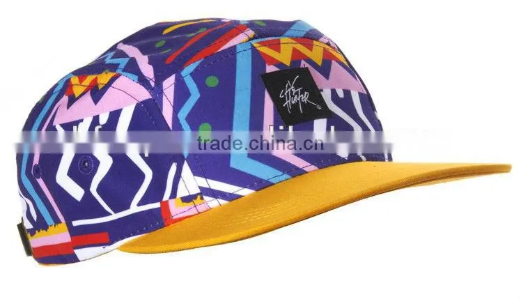 Yellow bill woven tag mens woven Aztec leather trap 5 panel hat
