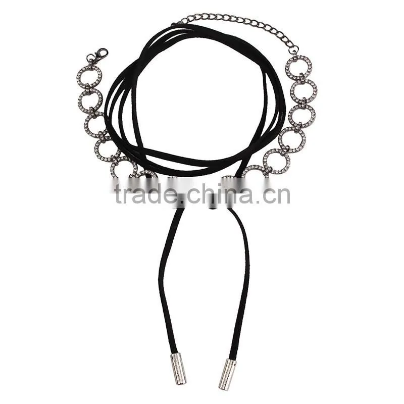 Simple brand dimond choker necklace with long leather rope accessories