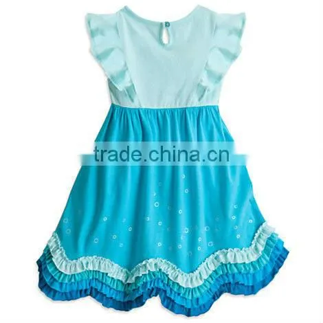 new design frozen dress ruffled sleeve turquoise mermaid applique cartoon dress for toddler little girls