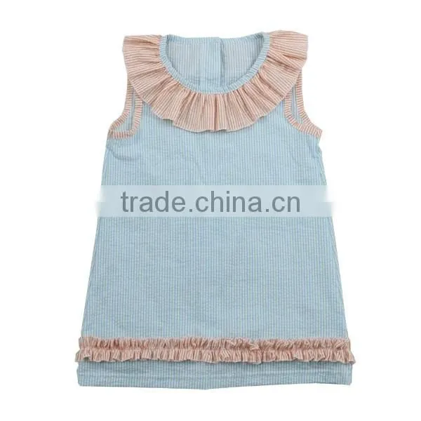 Latest desigin toddler clothing seersucker sleeveless dress wholesale icing ruffle dress