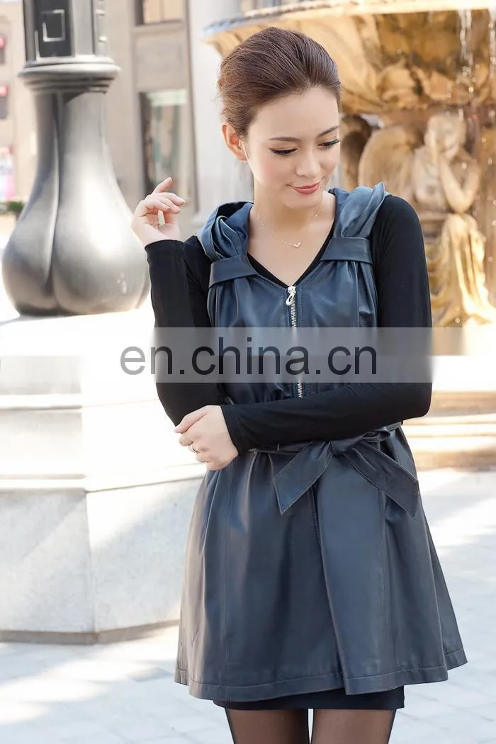 ladies black genuine leather waistcoat with zipper and waistbang