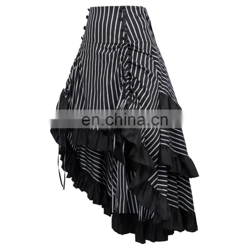 Belle Poque Striped Gathered Steampunk Vintage Gothic Style Black High-Low Skirt BP000345-2