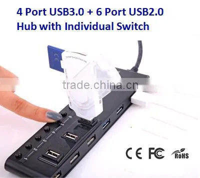High Speed USB3.0 4 Port & USB2.0 6 Port Hub with Individual Switch
