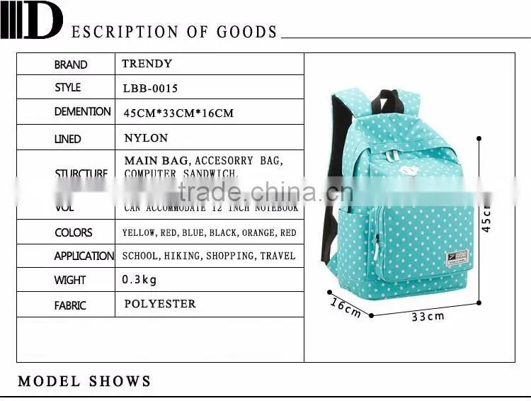 leisure school students shoulder bag for polyester backpack with dot bag