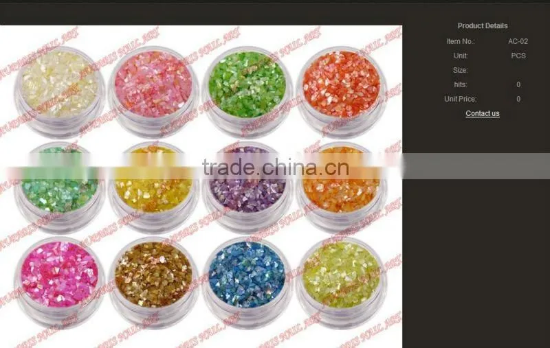 2014 New Arrival Professional Colorful Nail Art Glitter Nail Care Decoration Powder 12 Colors Crushed Shell Material AG001