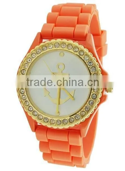 Vogue design gold anchor dial silicone watch, candy color 3D face jelly watch, girls boys hot fashion watch