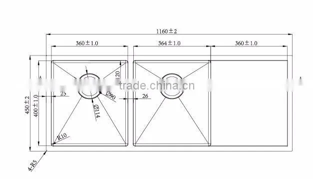 High efficient furniture small corner stainless steel double bowl overmount drainboard square kitchen sink drain