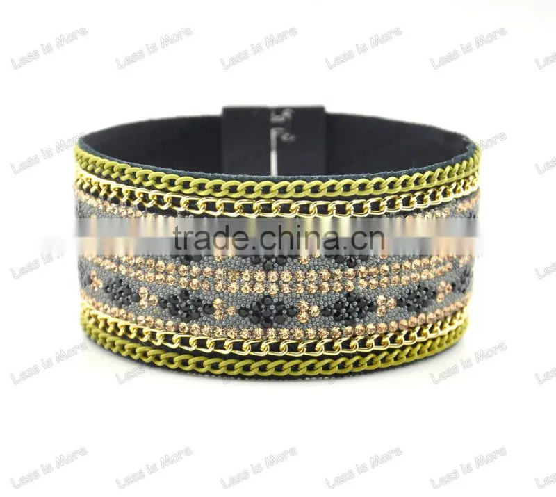 gold chain leather bangle magnetic bracelet with crystal bead