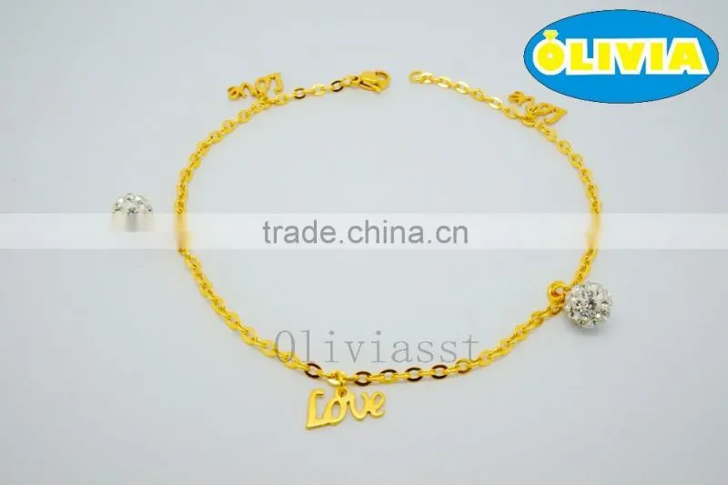 Olivia Jewelry Gold Plated Design Stainless Steel Anklets With Rhinestone Jewelry Wholesale