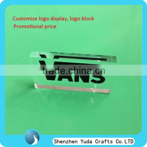 exquisite acrylic logo display solid clear block with brand name, factory made printed trademark block