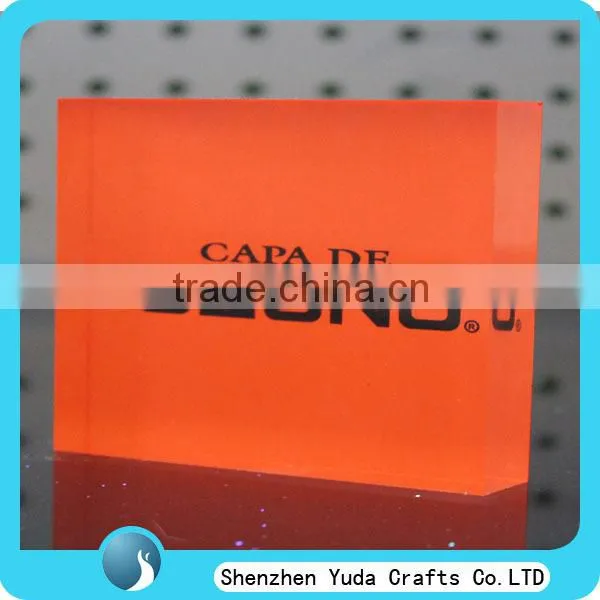 neon orange plexiglass acrylic carving block with logo, square cutting brand logo block