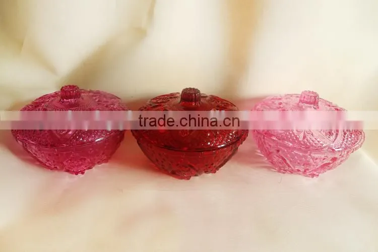 colored glass fruit bowl with glass lid