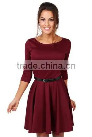 Womens 3/4 Sleeve Belted Flare Skater Dress Pleated Slimming Mini Tunic