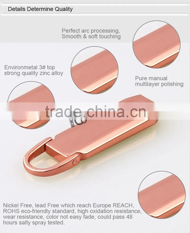 Rose gold metal locking zipper slider for handbag