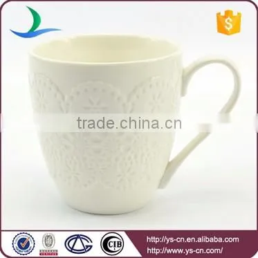 Embossed lace white glazed porcelain coffee mug with handle prices
