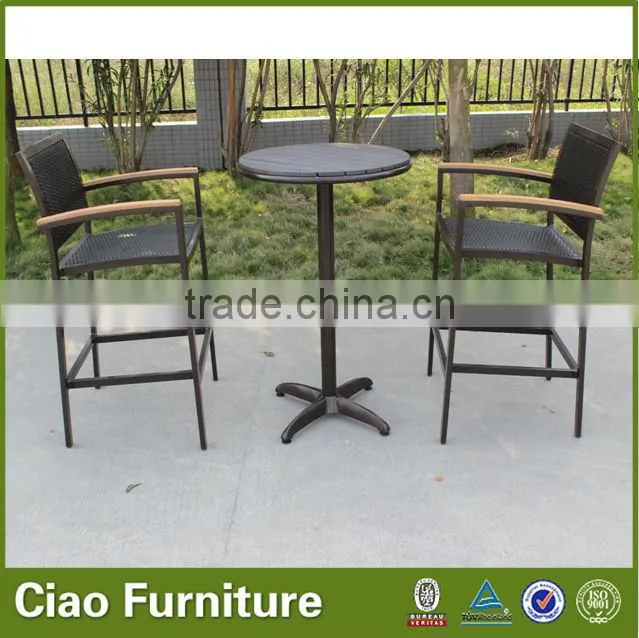 outdoor pe rattan bar furniture with teak wood arm