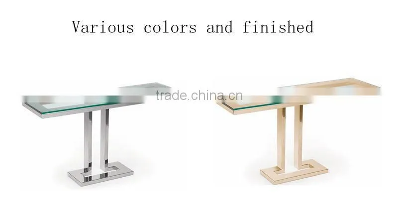 Golden polished stainless steel base glass console table
