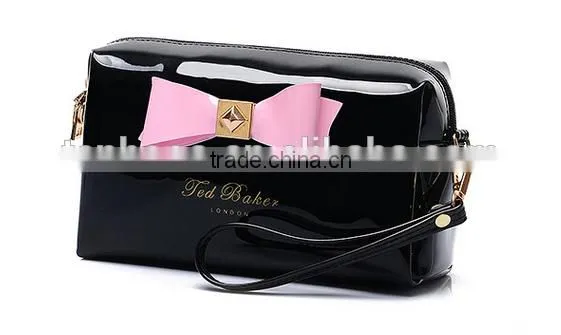 Colorful ladies pu cosmetic bags big canvas comestic pouch with bow and metal logo