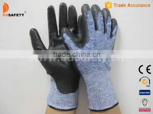 DDSAFETY 2017 High Performance Polyethylene Fiber Glass Knitted Liner Black PU Coated Cut Resistant Safety Gloves