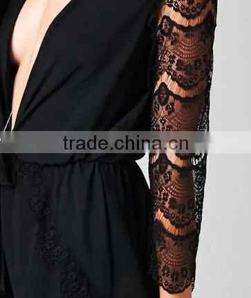 2015 new stylish sexy ladies Deep V neck open front romper playsuit lace sleeve short jumpsuit