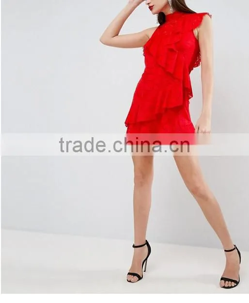 China women clothing Manufacturer Red Sexy Lace Ruffle Mini dress